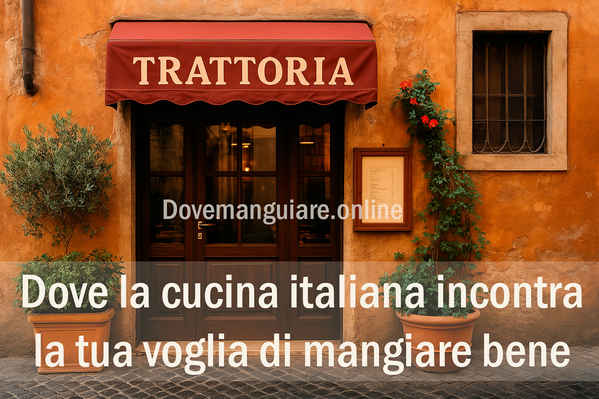 Facciata rustica di una trattoria tipica italiana con insegna, piante e tavoli all’aperto su una strada di ciottoli.